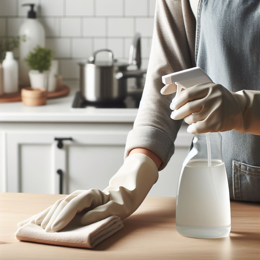 Person cleaning a kitchen counter with an eco-friendly cleaning solution