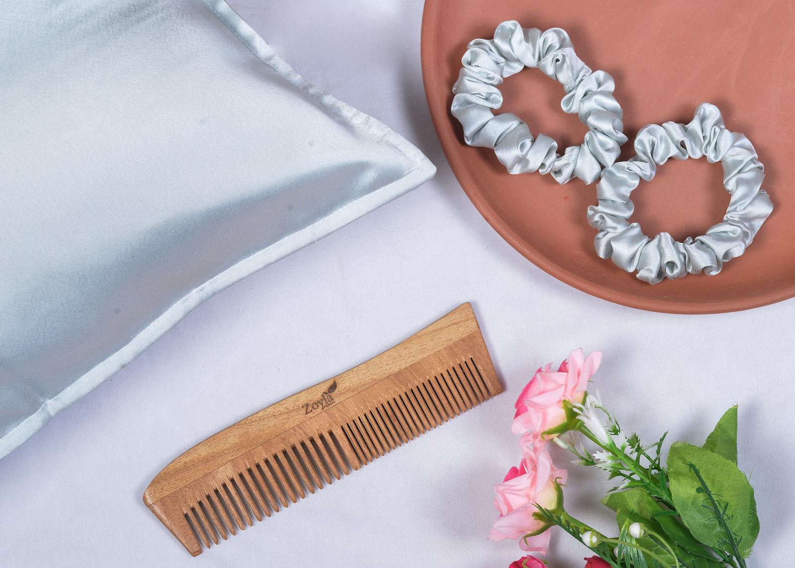 Wooden Comb and Silk Hair Ties -sustainable bridal hair accessories