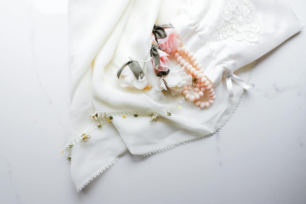 A white silk scarf with pearls and flowers - Stylish Sustainable Accessories